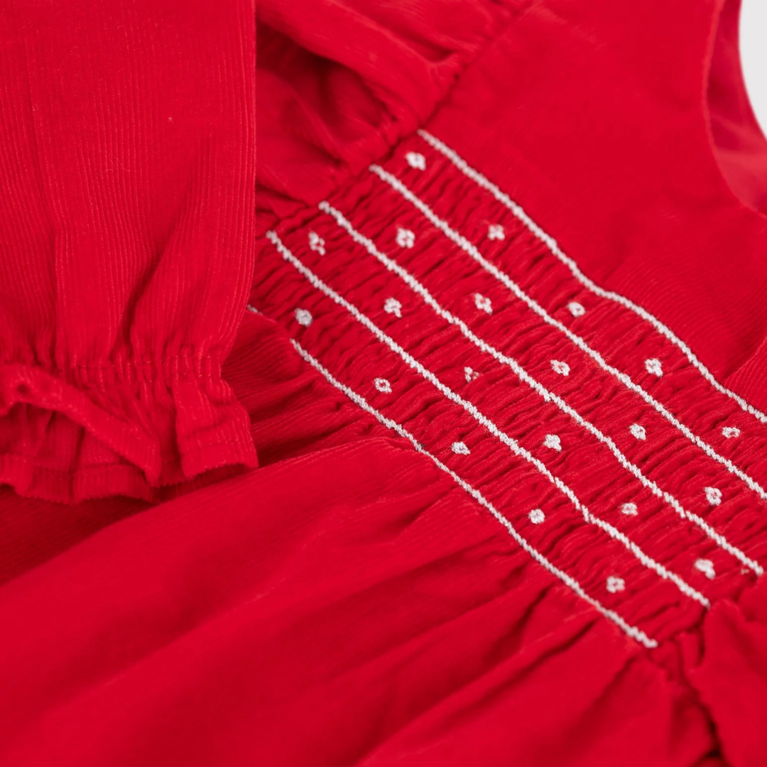 Petit Bateau Baby Girls' Red Corduroy Playsuit - Smocked Holiday Romper with Ruffles | Sizes 3M–36M