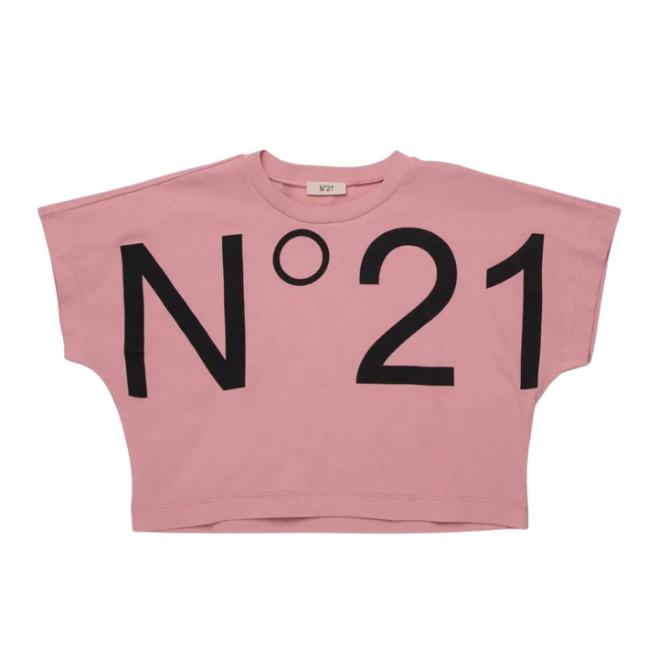 Pink crop top with 'N×21' printed on a white background