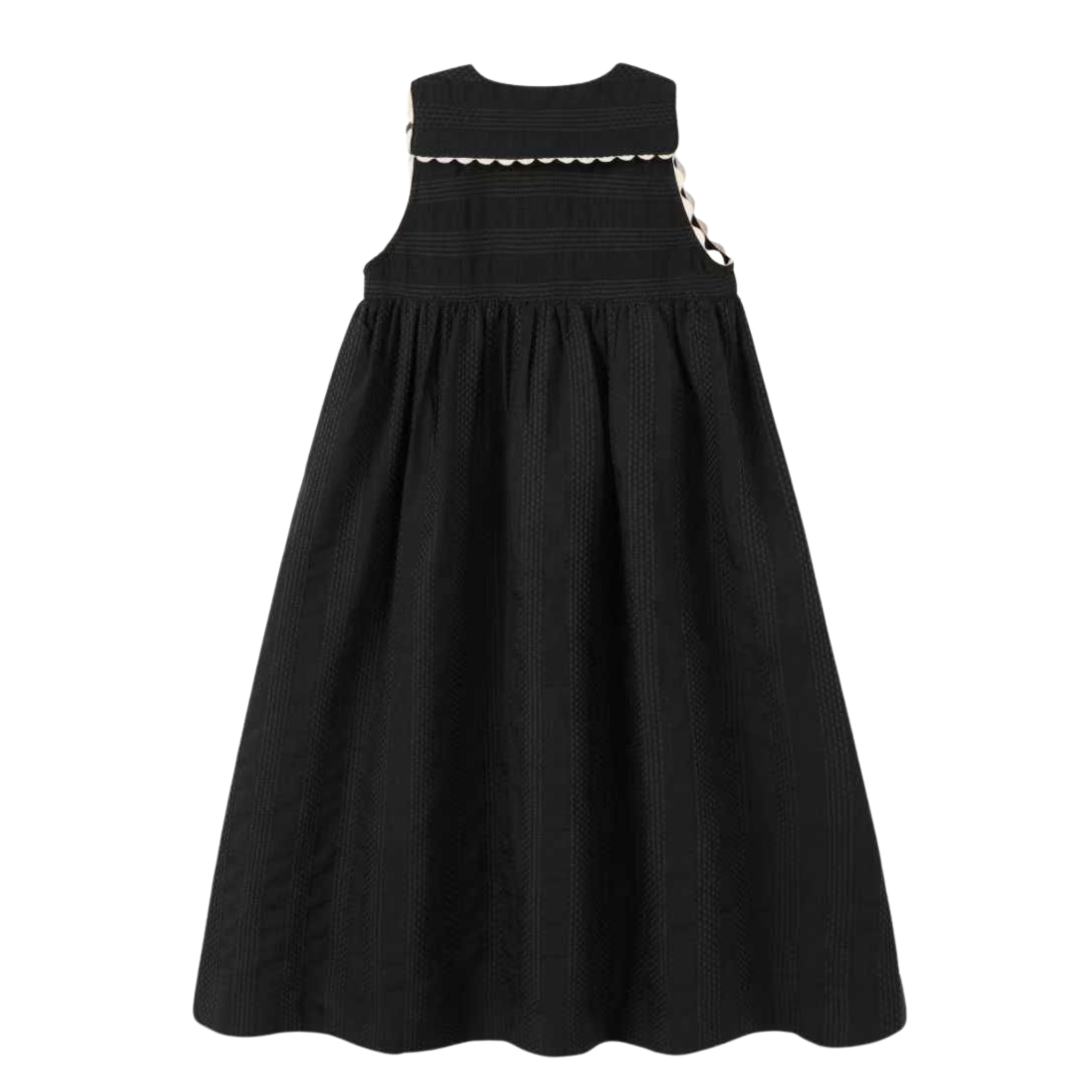 Black dress with pearl embellishments on a white background