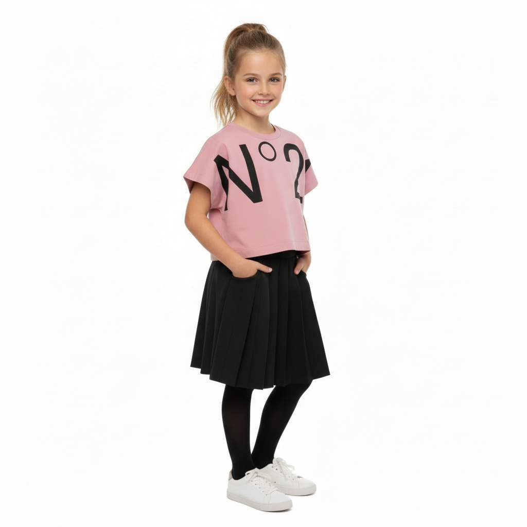 Young girl wearing a pink t-shirt with 'N 2' and denim shorts on a white background