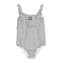 Girls’ Gathered Stripe Swimsuit – White & Blue One-Piece Swimwear