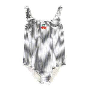 Girls’ Gathered Stripe Swimsuit – White & Blue One-Piece Swimwear