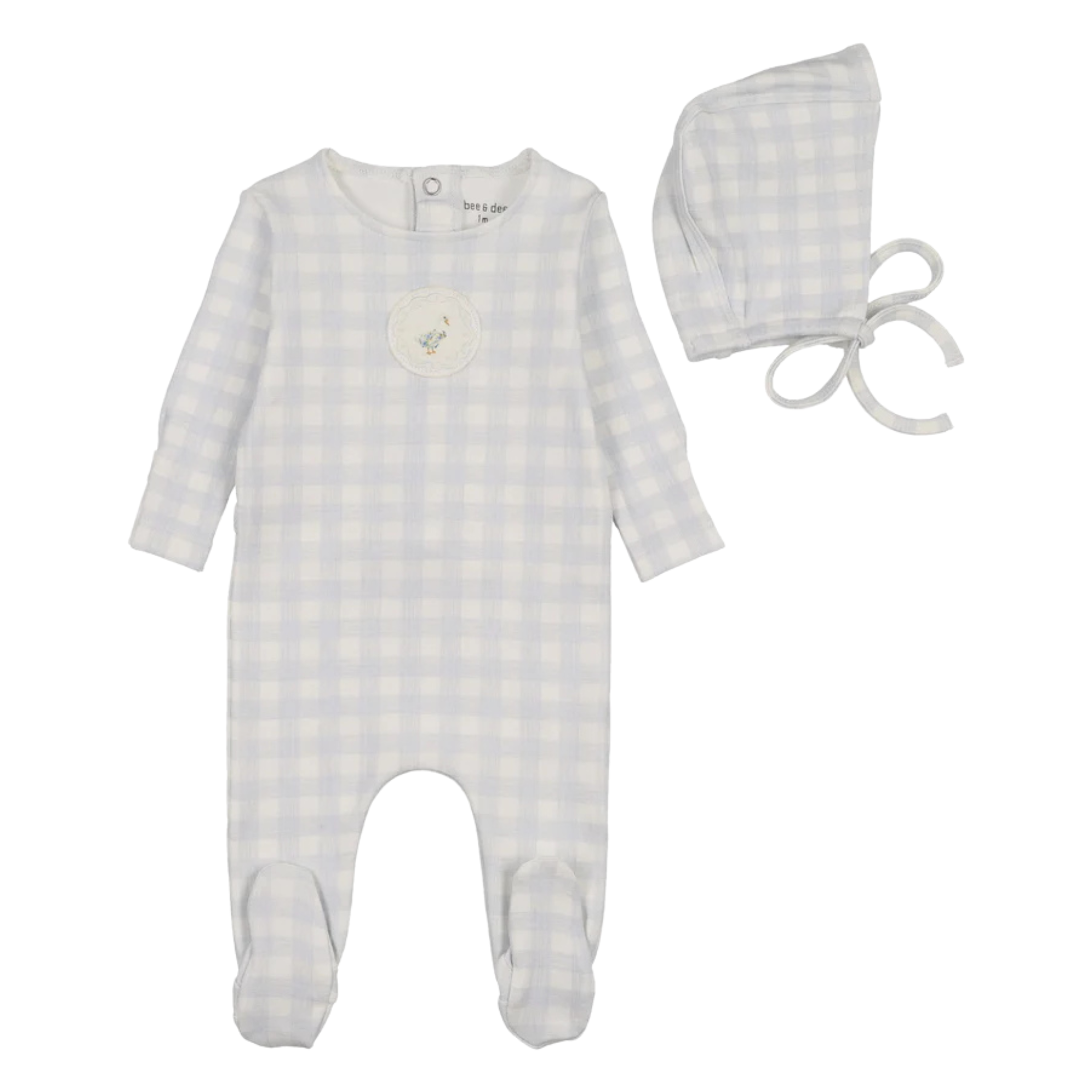 Bee & Dee Chalk White Goose Plaid Footie and Bonnet Set Boys Whimsical Minimalist Boutique Newborn Toddler Outfit