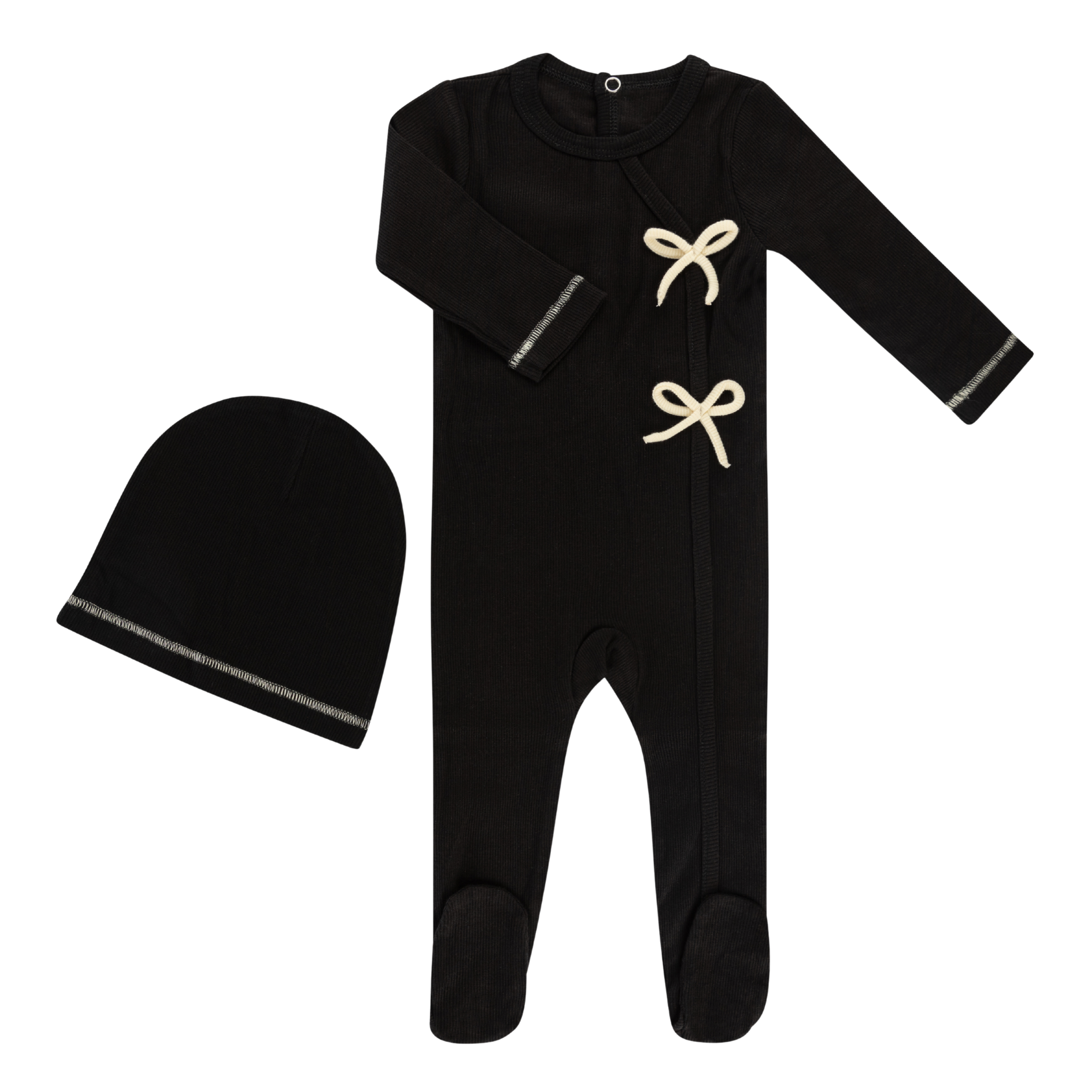 Little Label – Weekend Footie & Hat Set (Bows) – Black Cotton Essentials