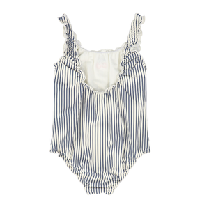 Girls’ Gathered Stripe Swimsuit – White & Blue One-Piece Swimwear