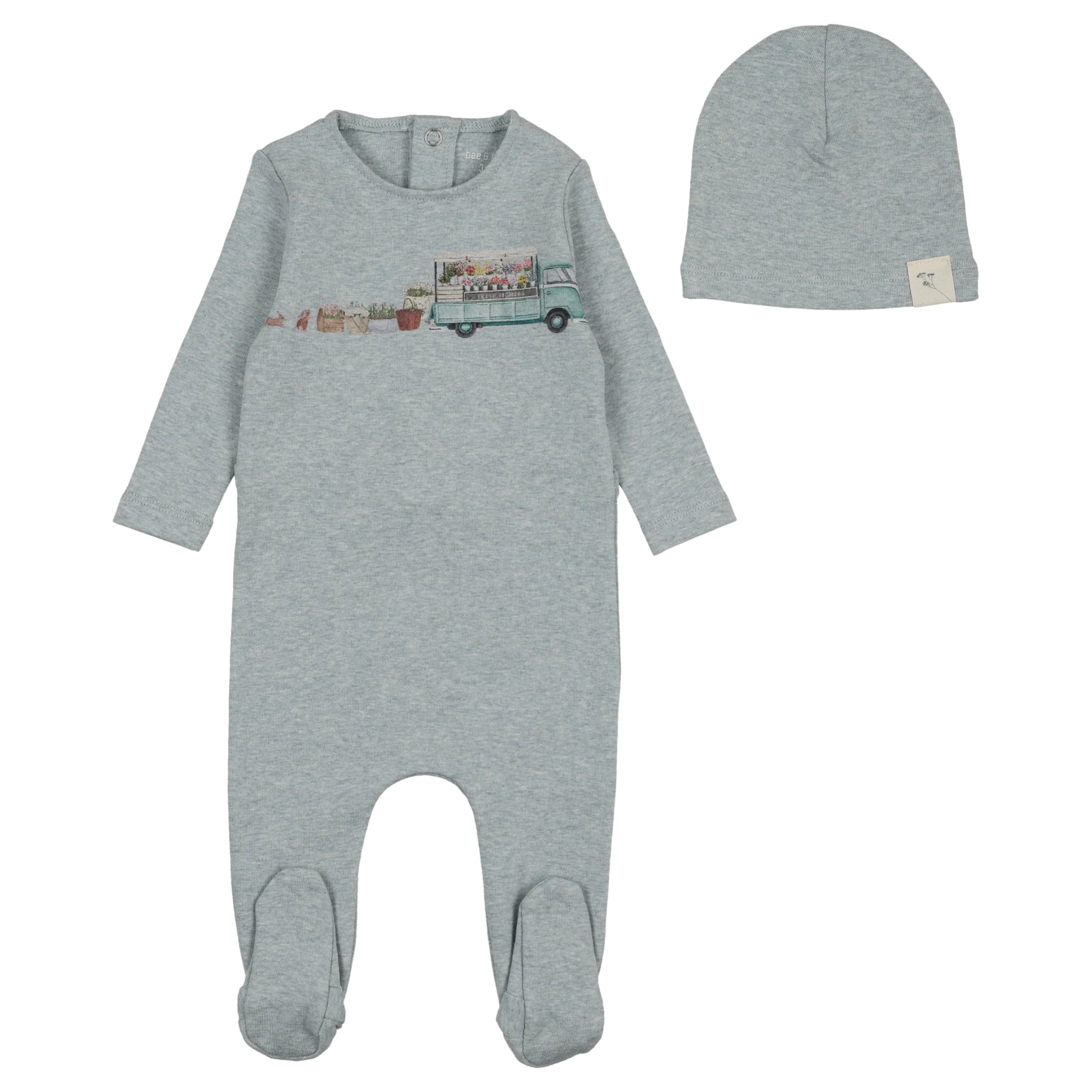 Bee and Dee - Flower Truck Footie/Beanie - Blue Mist