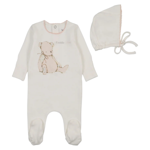 Bee & Dee Chalk White Cuddle Time Footie and Bonnet Set Girls Timeless White Boutique Newborn Toddler Outfit