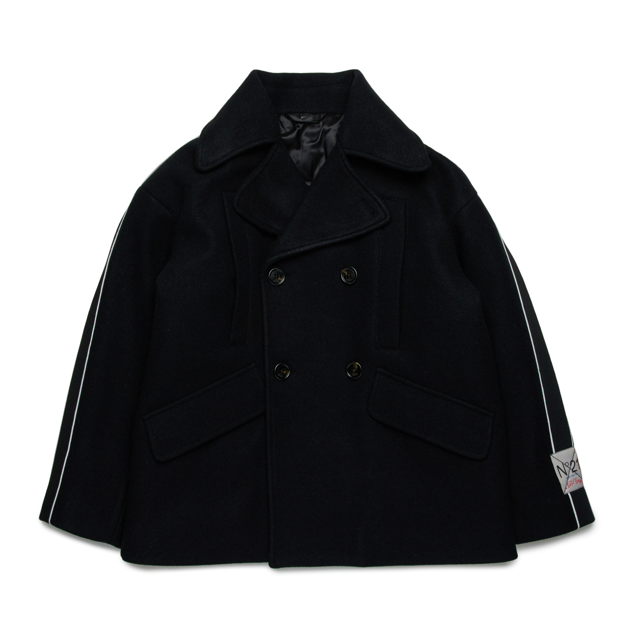 Black coat with white stripes on sleeves on a white background