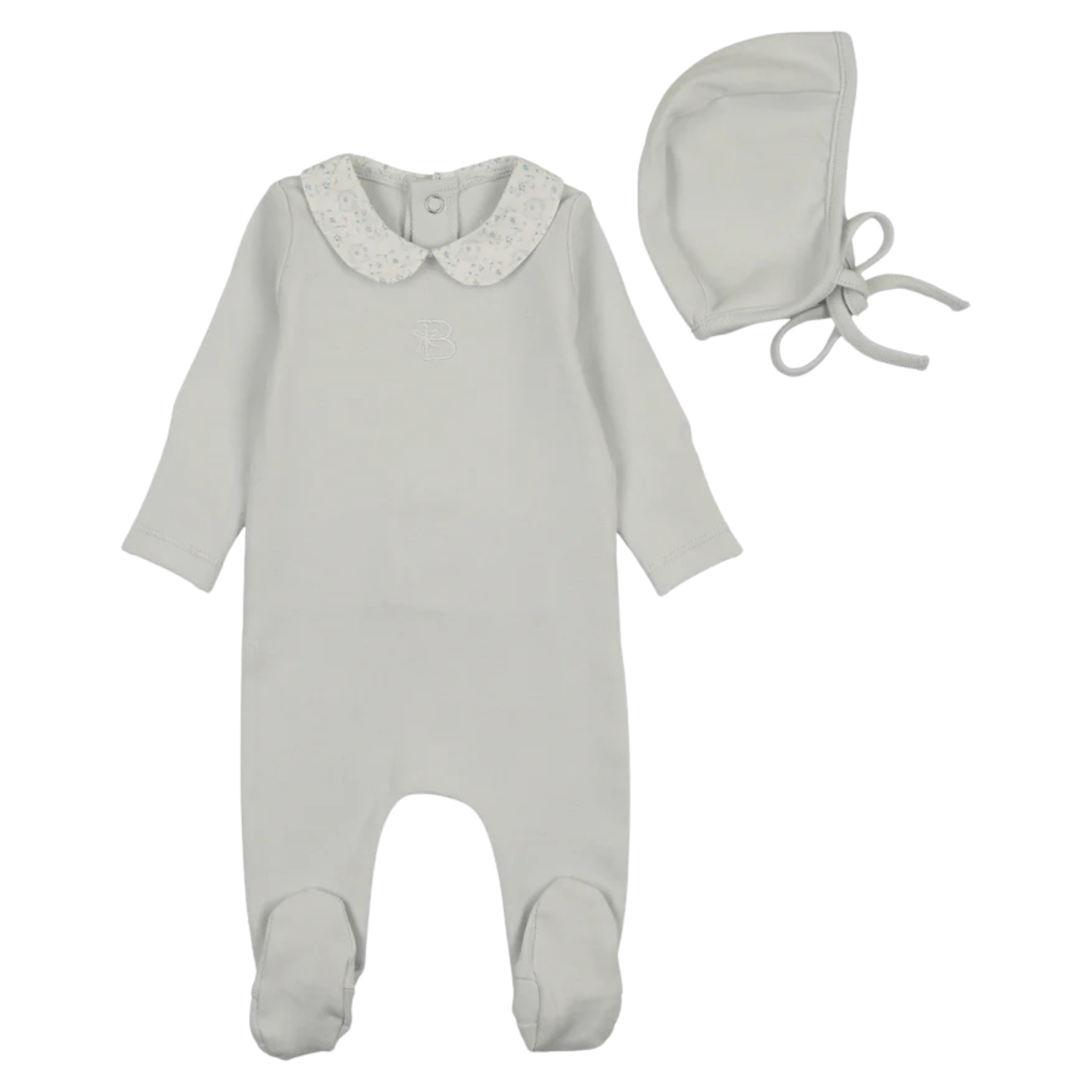 Bee & Dee London Fog B Collar Footie and Bonnet Set Sophisticated Grey Newborn Toddler Outfit