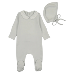 Bee & Dee London Fog B Collar Footie and Bonnet Set Sophisticated Grey Newborn Toddler Outfit