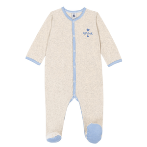 Petit Bateau - Baby Boy Velour Footie with Blue Trim – Oatmeal