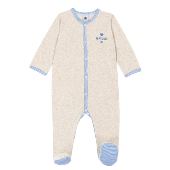 Petit Bateau Baby Boy Velour Footie with Blue Trim – Oatmeal