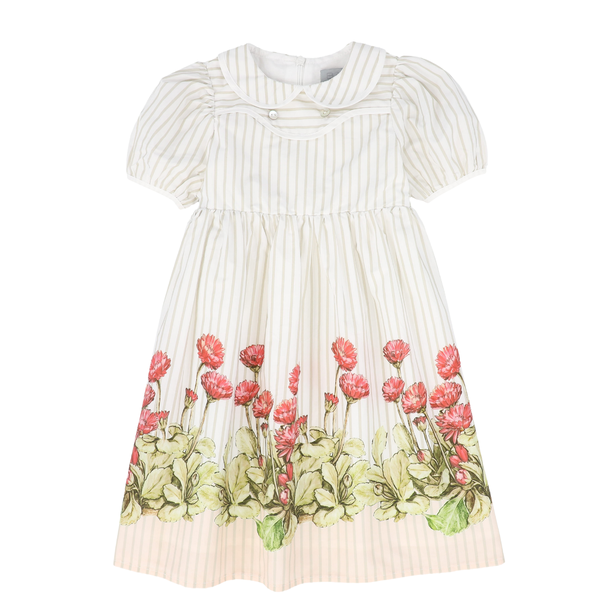 Striped Floral Puff Sleeve Collar Dress - White/Tan