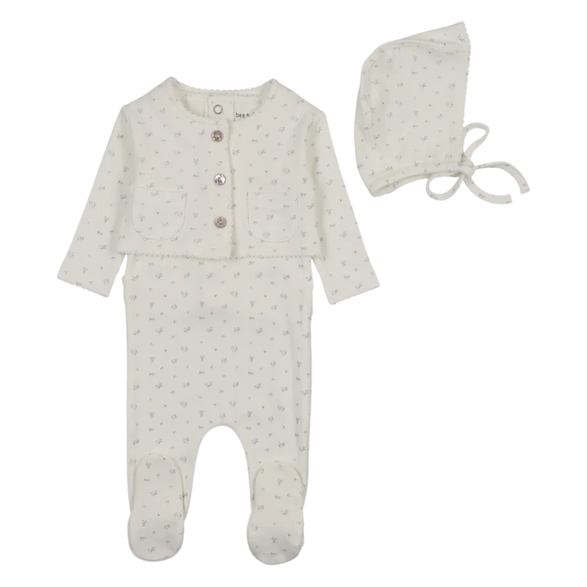 Bee & Dee Chalk White Floral Cardigan Outfit Boys Vintage Inspired Botanical Boutique Newborn Toddler Two Piece Set