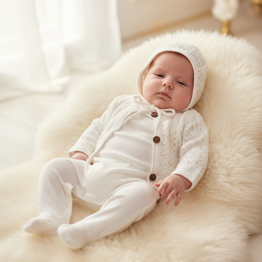 Bee & Dee Chalk White Intricate Footie & Bonnet Set | Luxury Heirloom Newborn Layette