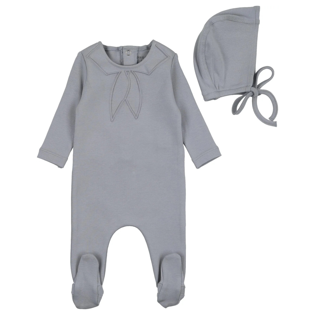 Bee & Dee Dusty Blue Embossed Collar Footie and Bonnet Set Classic Traditional Newborn Toddler Outfit
