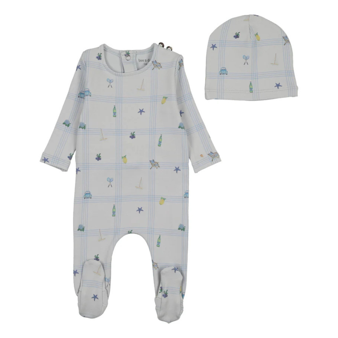 Bee & Dee Crisp Blue Summer Plaid Footie and Beanie Set Coastal Preppy Newborn Toddler Outfit