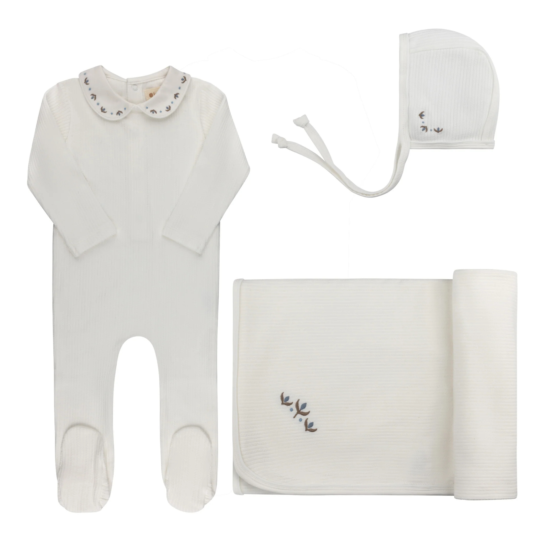 Ely’s & Co Ivory and Blue Embroidered Trim Collection Take Me Home Set Boutique Newborn Toddler Boy First Outfit Hospital Coming Home