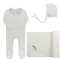 Ely’s & Co Ivory and Blue Embroidered Trim Collection Take Me Home Set Boutique Newborn Toddler Boy First Outfit Hospital Coming Home