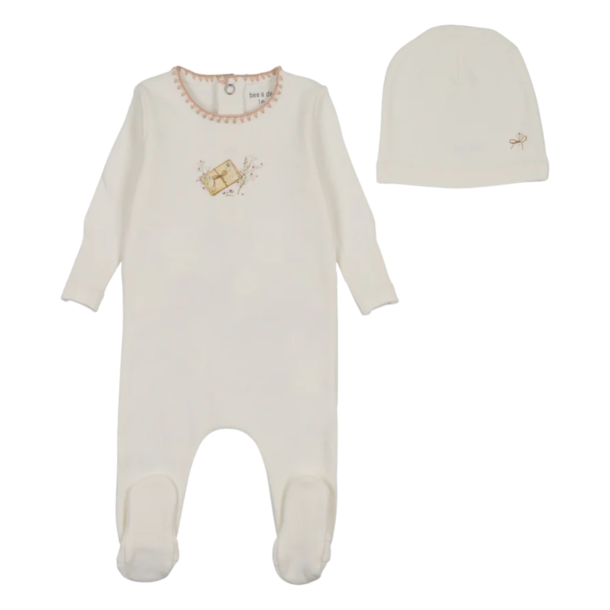 Bee & Dee Chalk White Mail and Flowers Footie and Beanie Set Girls Whimsical Boutique Newborn Toddler Outfit