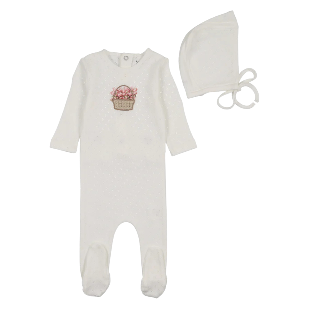 Bee &amp; Dee Chalk White Crochet Basket Weave Footie and Bonnet Set Girls Elegant Minimalist Boutique Newborn Toddler Outfit