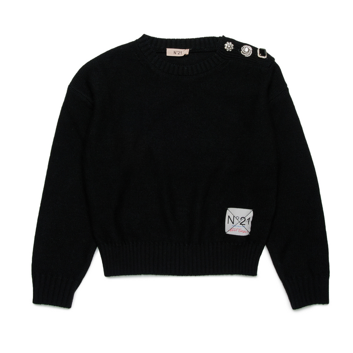 Black sweater with brand logo on a white background