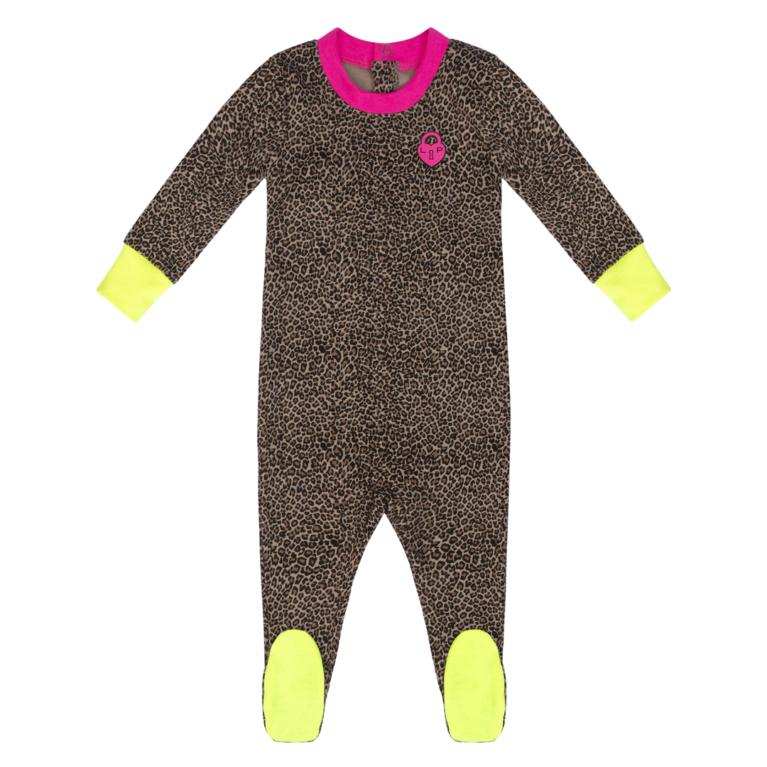 Baby onesie with leopard print pattern and bright yellow cuffs and feet on a white background