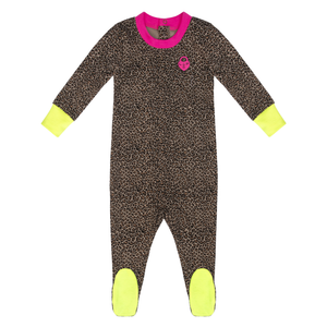 Baby onesie with leopard print pattern and bright yellow cuffs and feet on a white background