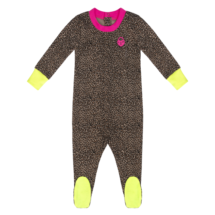 Baby onesie with leopard print pattern and bright yellow cuffs and feet on a white background