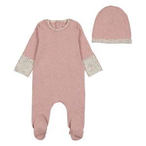 Bee & Dee Heathered Pink Lemon Print Cuffs Footie and Beanie Set Whimsical Minimalist Boutique Newborn Toddler Girls Outfit