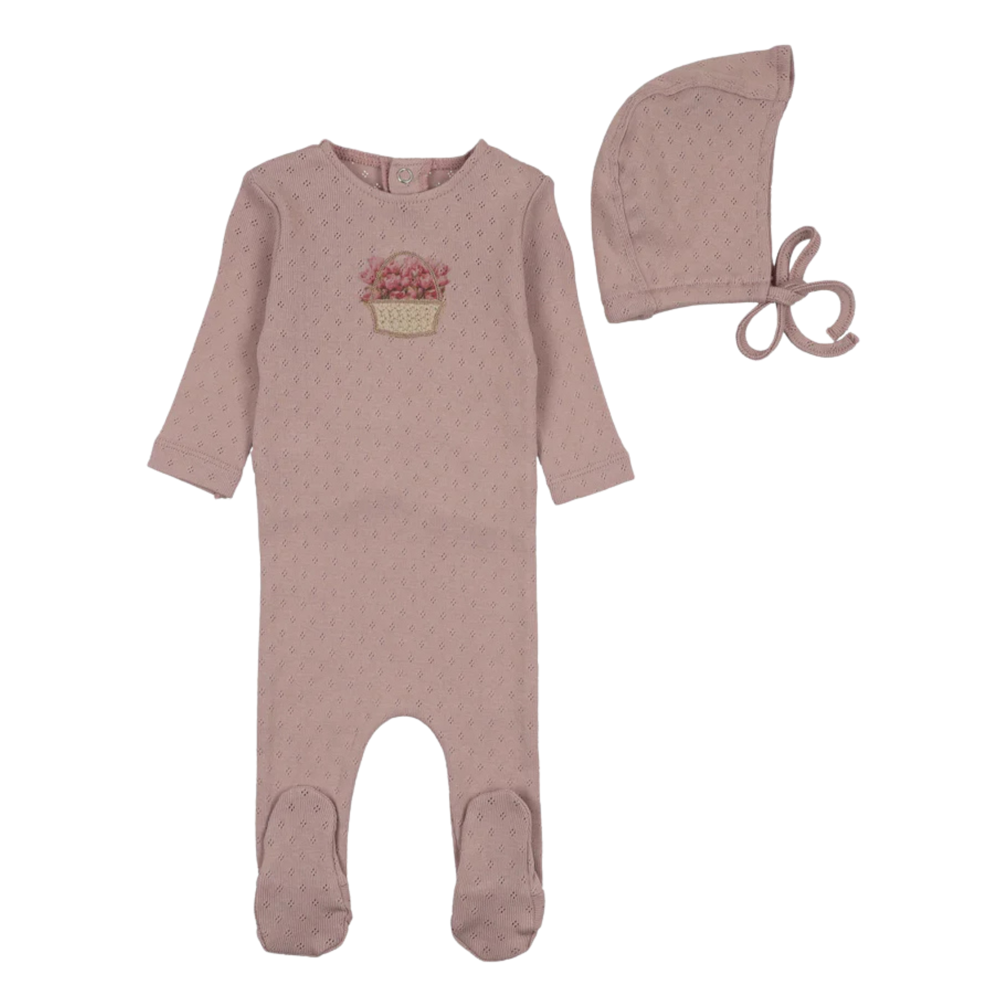 Bee & Dee Rose Bud Crochet Basket Weave Footie and Bonnet Set Elegant Vintage Pink Boutique Newborn Toddler Outfit
