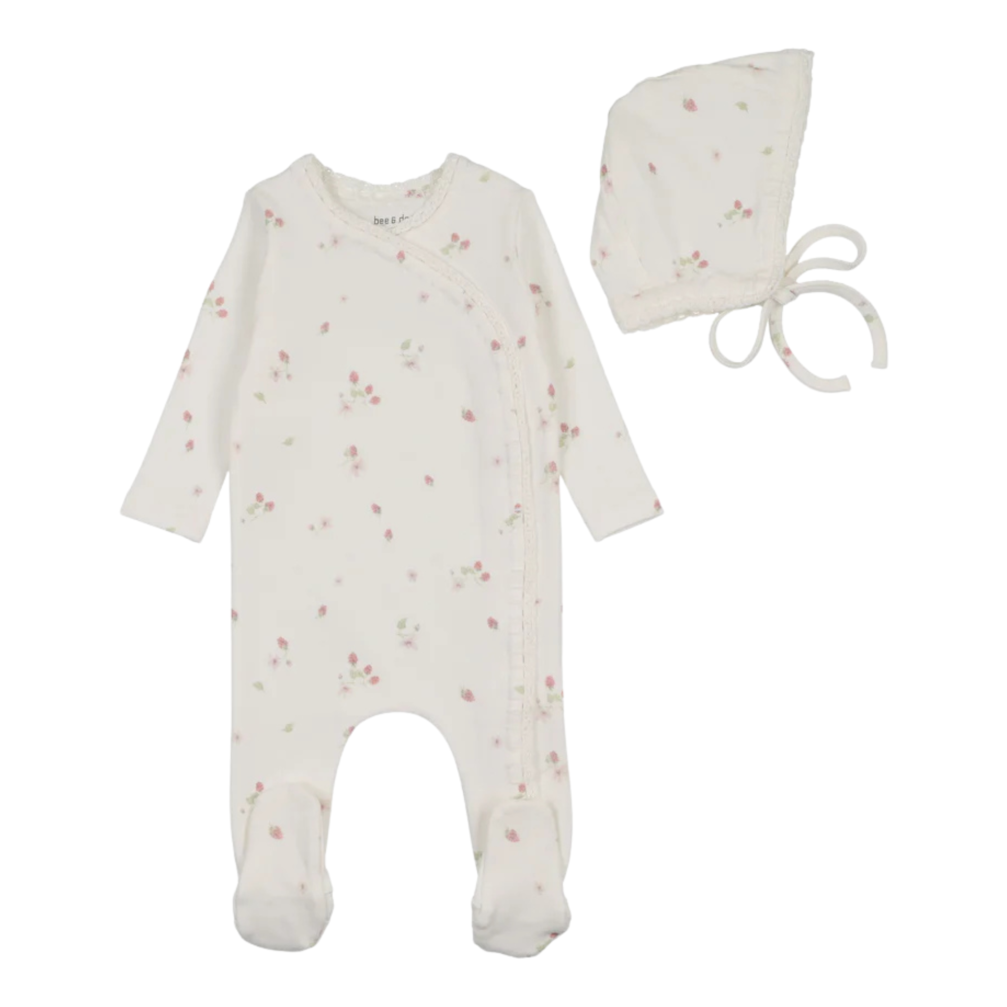 Bee & Dee Chalk White Sweet Berry Knit Footie and Bonnet Set Girls Elegant Minimalist Boutique Newborn Toddler Outfit