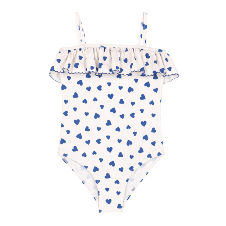 Petit Bateau - Girl Heart Print Swimsuit with Ruffles