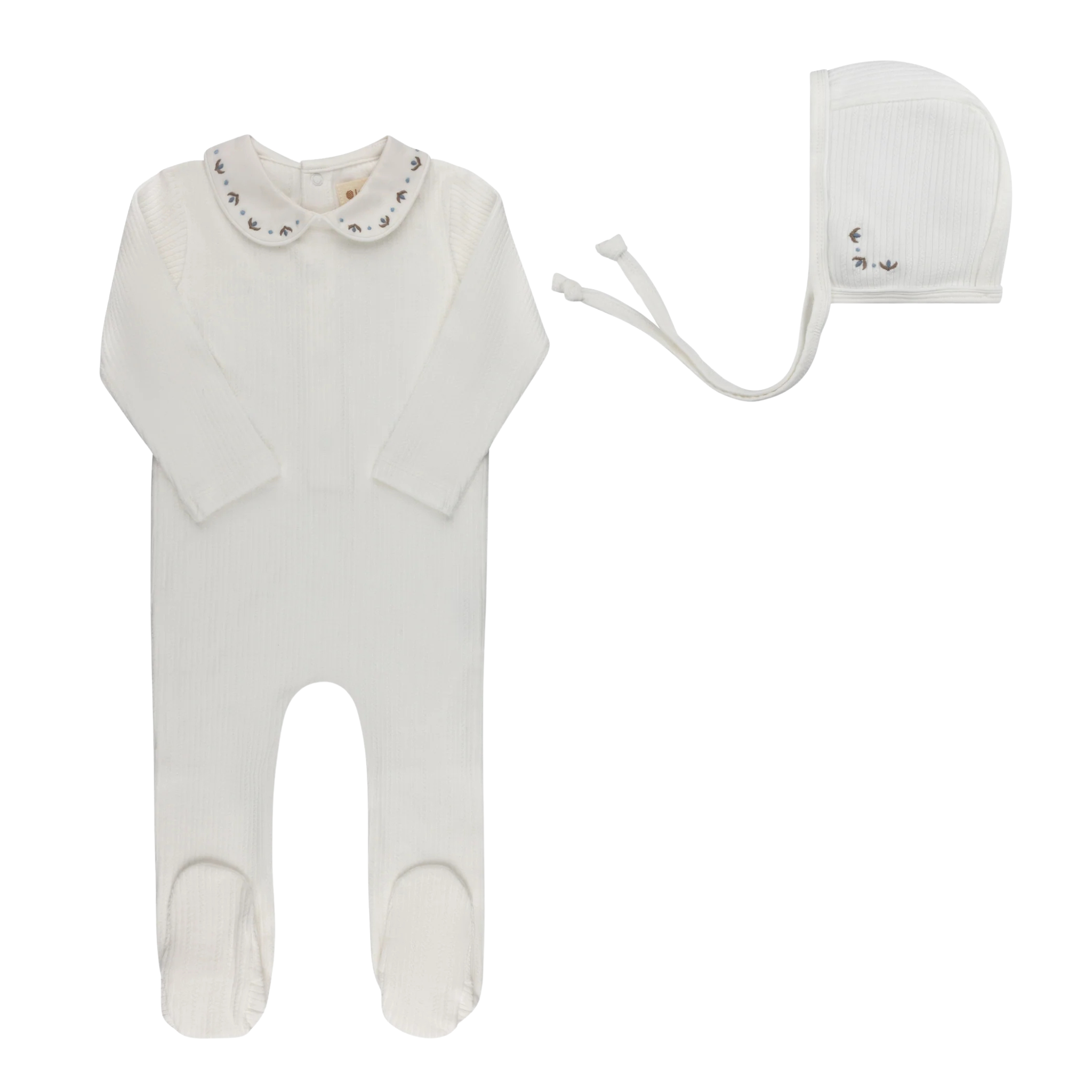 Ely’s & Co. – Ivory/Blue Embroidered Trim Collection Footie + Bonnet