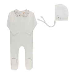 Ely’s & Co. – Ivory/Blue Embroidered Trim Collection Footie + Bonnet