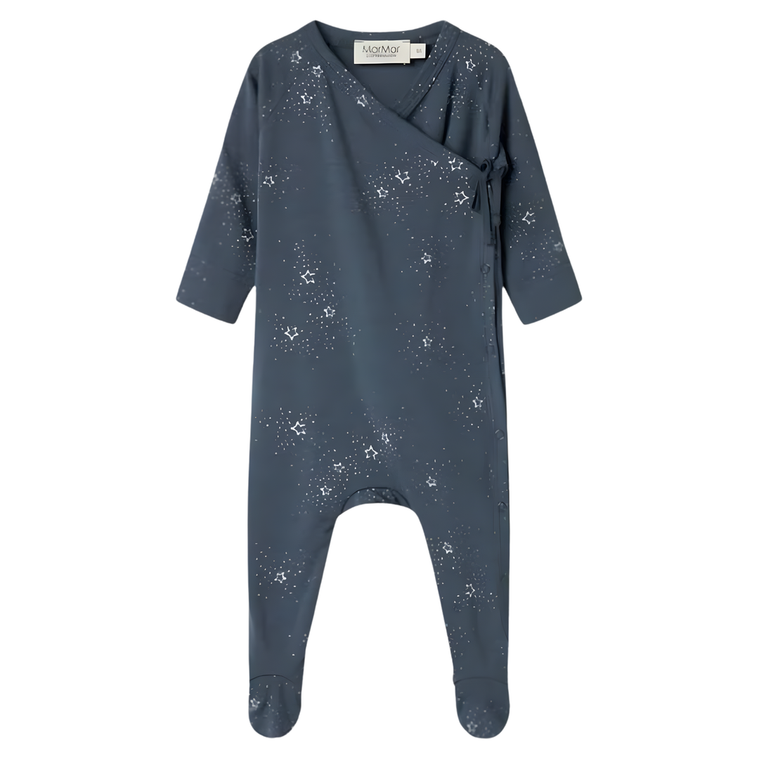 Blue baby onesie with star pattern on a white background