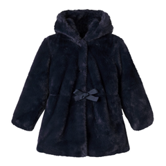 Tartine et Chocolat Girls Navy Hooded Faux Fur Coat | Luxury Parisian Winter Outerwear