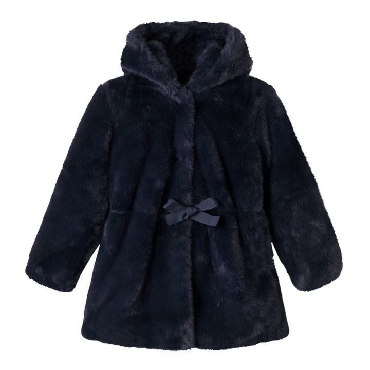Tartine et Chocolat Girls Navy Hooded Faux Fur Coat – Luxury Parisian Chic