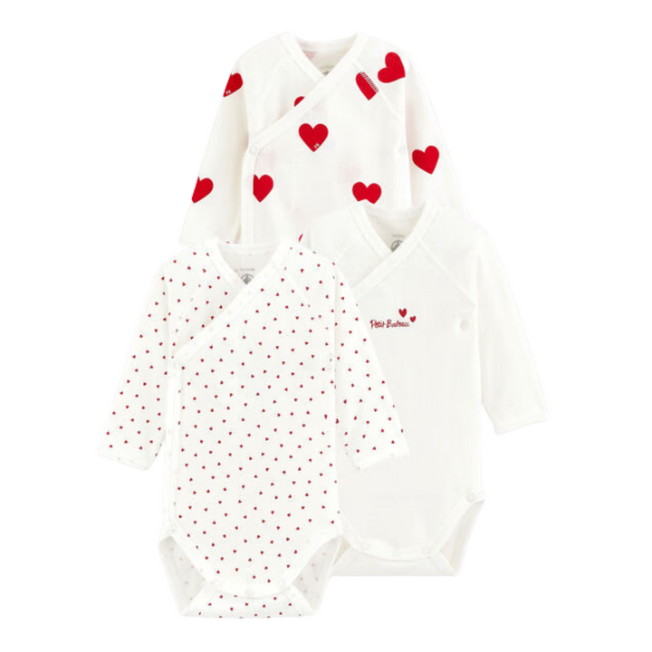 Petit Bateau | 3 Pack LS Crossover Heart Print Bodysuits