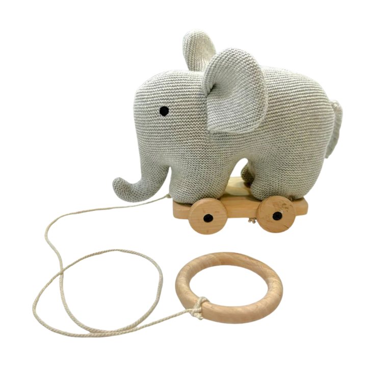 Viverano Grey Heather Stuffed Elephant Pull Cart Toy | Organic Cotton Baby Pull Toy