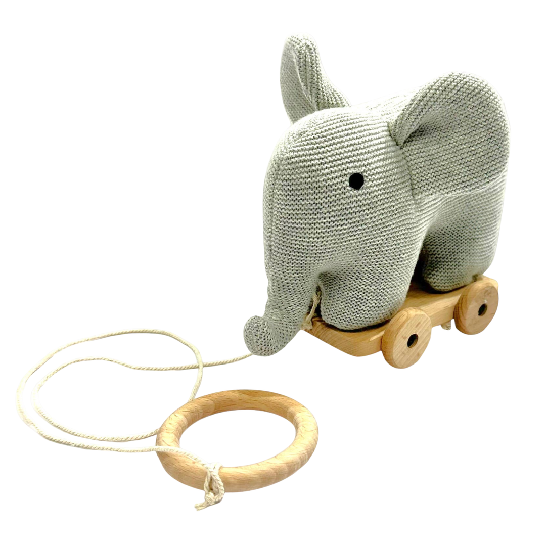 Viverano Grey Heather Stuffed Elephant Pull Cart Toy | Organic Cotton Baby Pull Toy