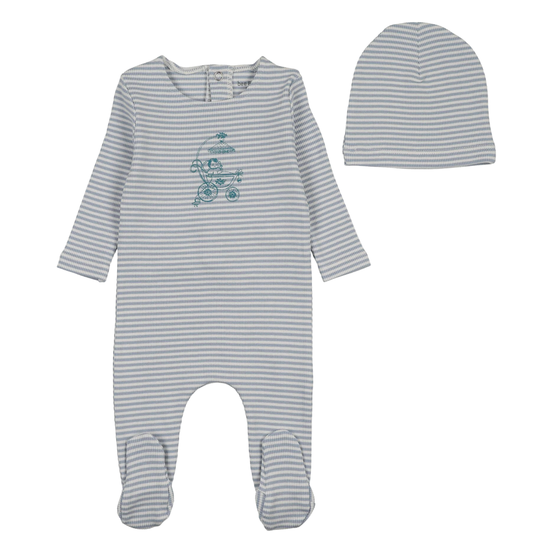 Bee & Dee Crisp Blue Carriage Sketch Footie and Beanie Set Vintage Illustrated Newborn Toddler Outfit