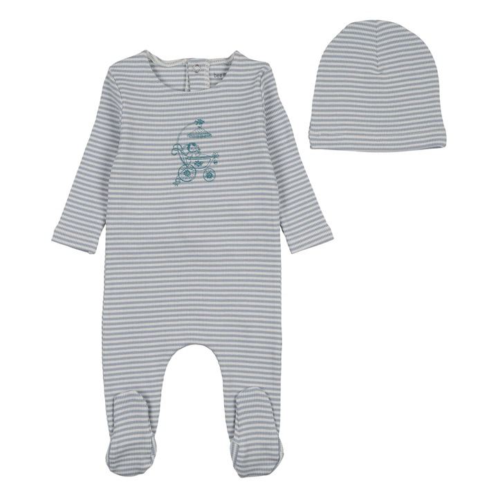 Bee &amp; Dee Crisp Blue Carriage Sketch Footie and Beanie Set Vintage Illustrated Newborn Toddler Outfit