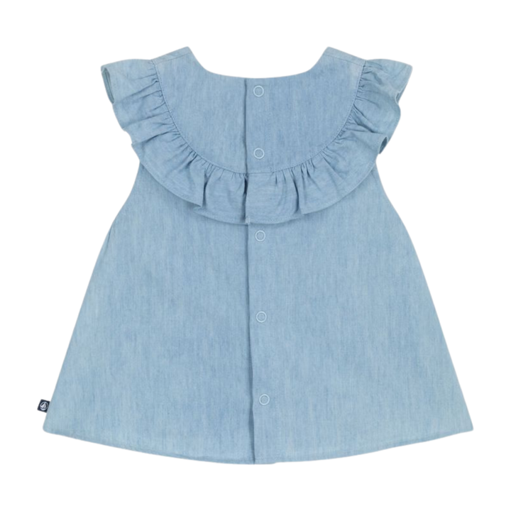 Petit Bateau Girl Sleeveless Chambray Dress With Embro Ruffles