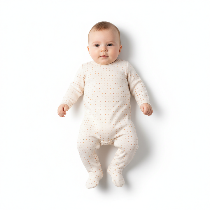 Fragile Vanilla Dot Print Footie | Soft Cotton Baby Sleepsuit with Subtle Dot Design