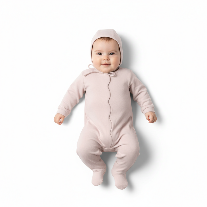 Fragile Baby Pink Scallop Footie Set – Elegant Newborn Outfit