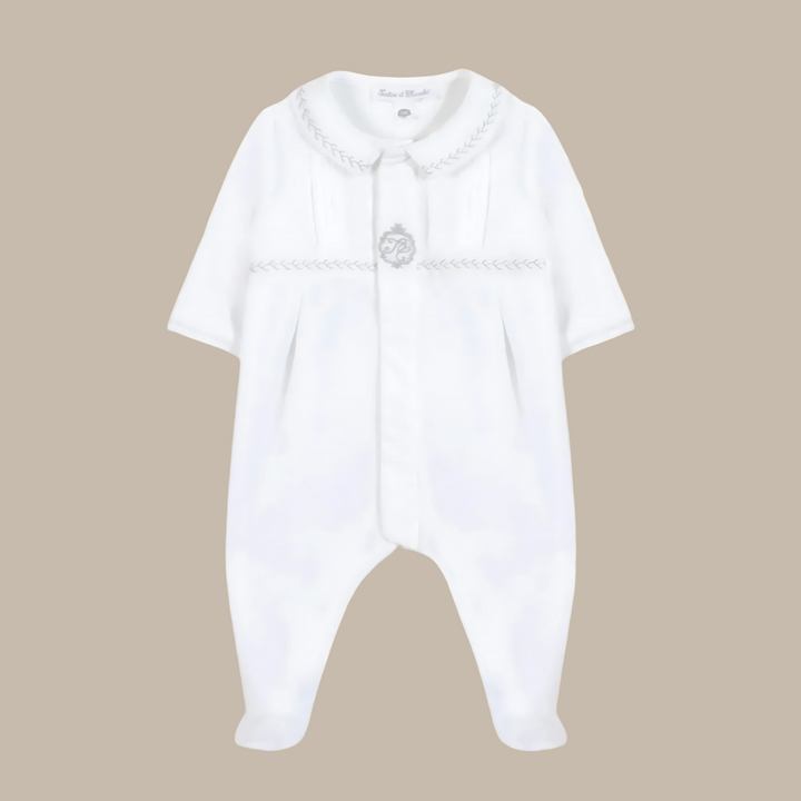 Tartine et Chocolat White Velvet Embroidered Emblem Footie