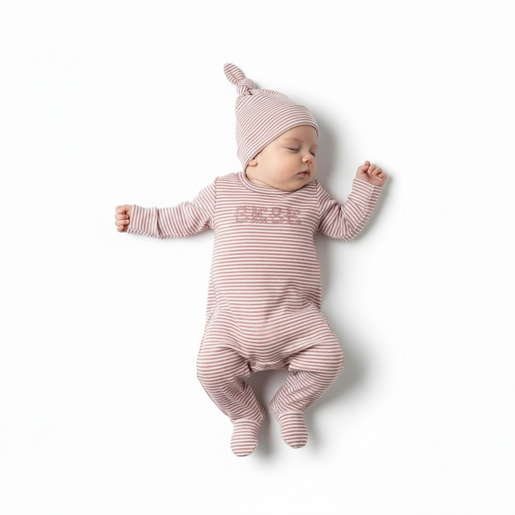 Fragile Mauve Brushed Stripe Bebe Footie Set | Soft Newborn Outfit with Matching Hat