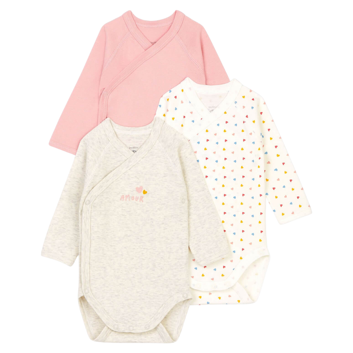 Petit Bateau - Baby Girl Long Sleeve Crossover Heart Bodysuits (Pack of 3)