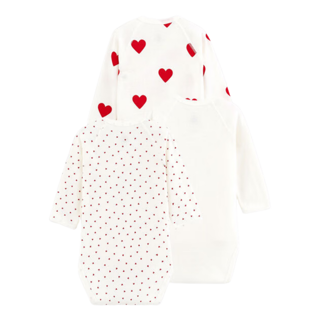 Petit Bateau | 3 Pack LS Crossover Heart Print Bodysuits
